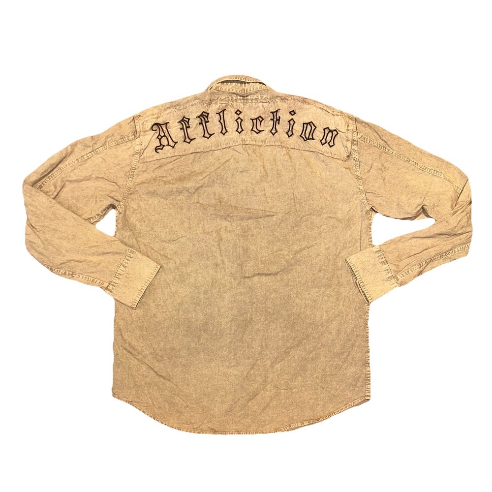 Affliction Shirt‎ Button Up Mens XXL Embroidered Biker Spell Out Long Sleeve